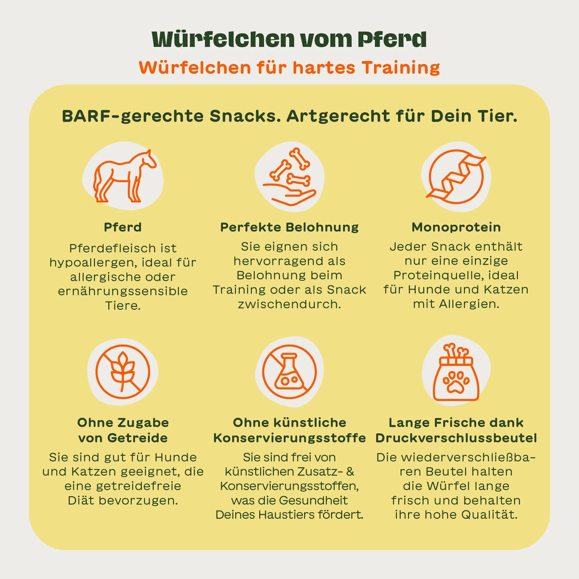 6 Illustrationen mit passendem Text zu den BARFER'S Leckerli "Würfelchen vom Pferd - Würfelchen für hartes Training": "Pferd", "Perfekte Belohnung", "Monoprotein", "Ohne Zugabe von Getreide", "Ohne künstliche Konservierungsstoffe" und "Lange Frische dank Druckverschlussbeutel"