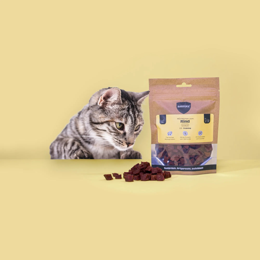 Eine schwarz-grau gestreifte Katze schaut Leckerli vom Rind der Marke BARFER'S an, die neben einer vollen Verpackung "Würfelchen vom Rind" liegen