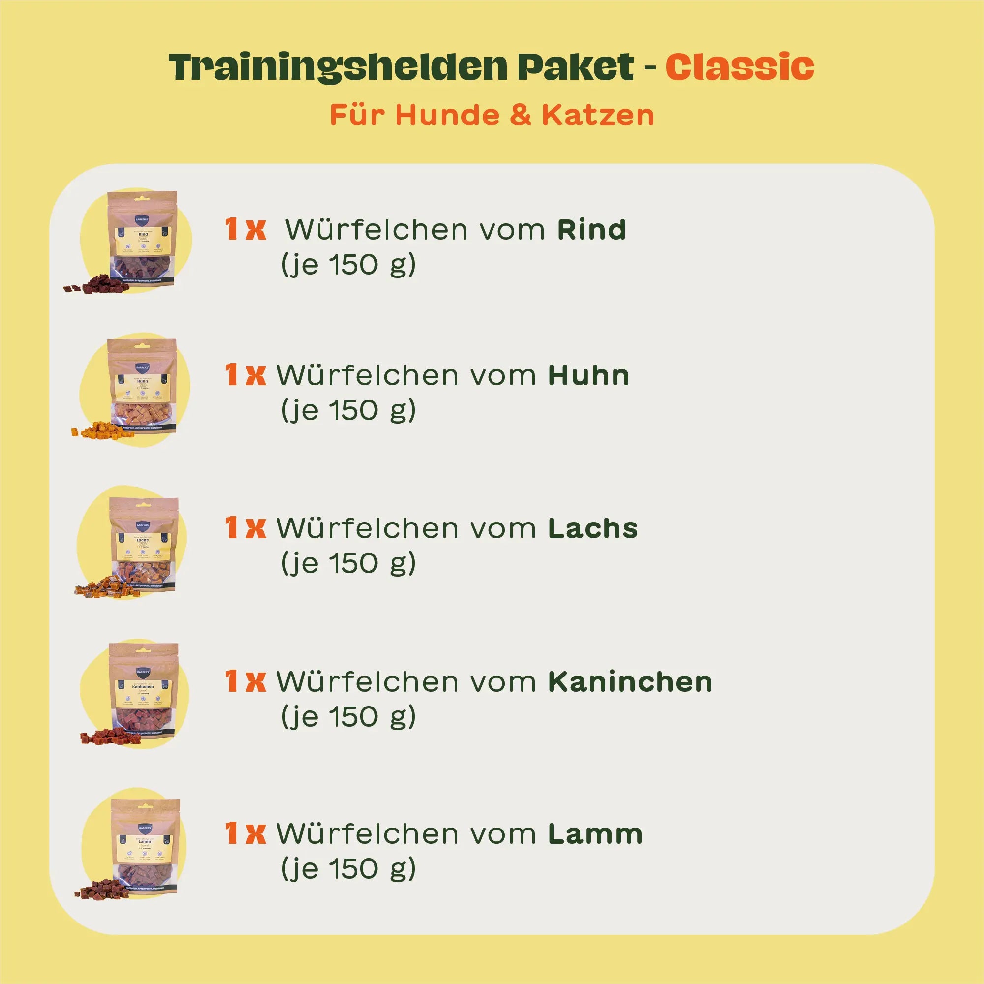 Text-und Bildübersicht des Inhaltes vom Trainingshelden Paket - Classic für Hunde und Katzen von BARFER'S: Würfelchen vom Rind, Huhn, Lachs, Kaninchen und Lamm