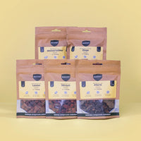 5 Würfelchen Verpackungen von BARFER'S in den Proteinen Wasserbüffel, Ziege, Lamm, Hirsch und Pferd