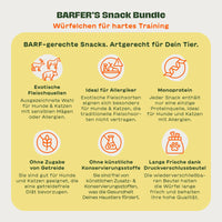 6 Illustrationen mit jeweils passendem Text, die "BARFER'S Snack Bundle - Würfelchen für hartes Training" beschreiben: "Exotische Fleischquellen", "Ideal für Allergiker", "Monoprotein", "Ohne Zugabe von Getreide", "Ohne künstliche Konservierungsstoffe" und "Lange Frische dank Druckverschlussbeutel"