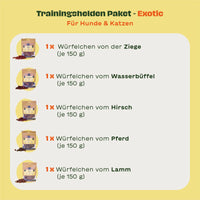 Text-und Bildübersicht des Inhaltes vom Trainingshelden Paket - Exotic für Hunde und Katzen von BARFER'S: Würfelchen von der Ziege, vom Wasserbüffel, vom Hirsch, vom Pferd und vom Lamm