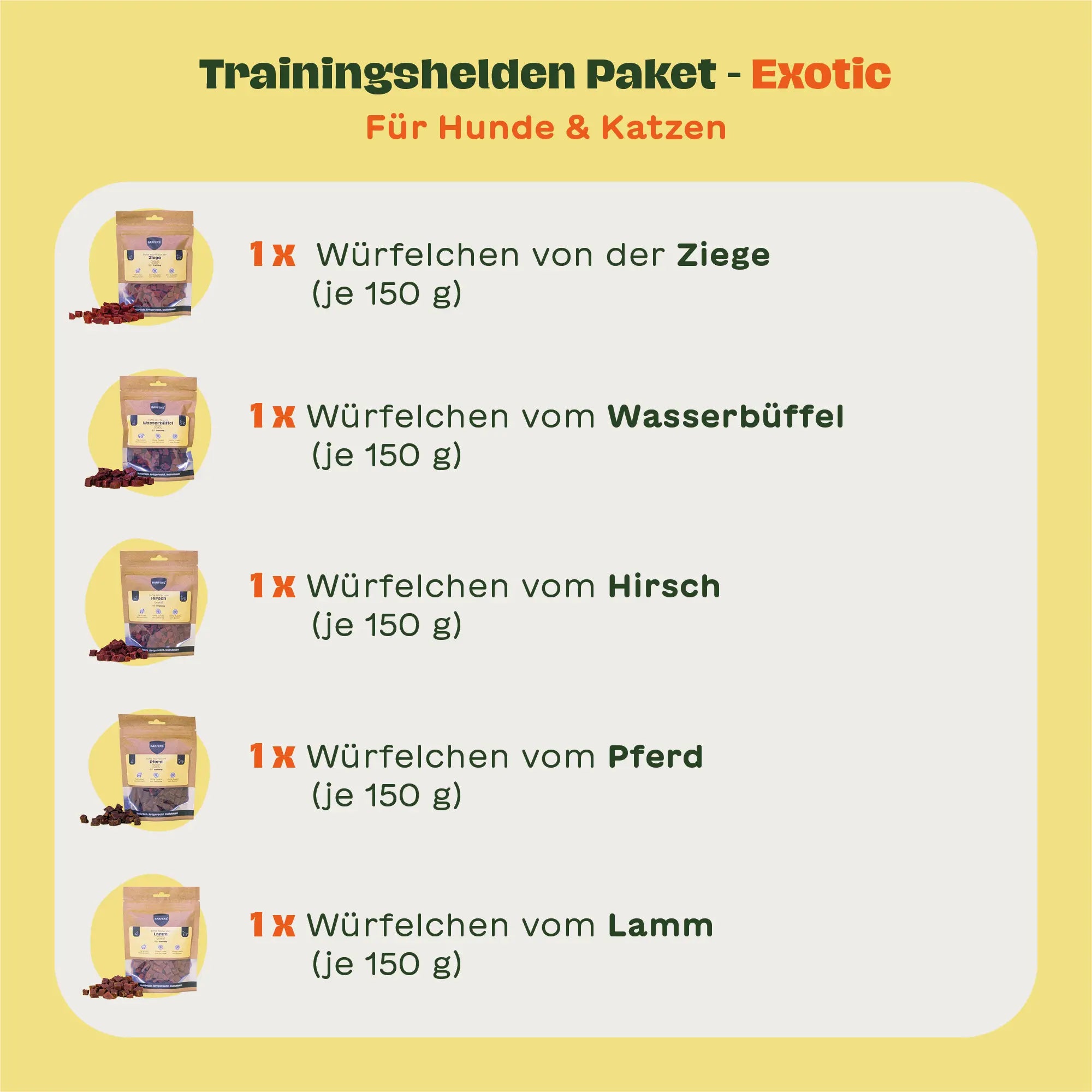 Text-und Bildübersicht des Inhaltes vom Trainingshelden Paket - Exotic für Hunde und Katzen von BARFER'S: Würfelchen von der Ziege, vom Wasserbüffel, vom Hirsch, vom Pferd und vom Lamm