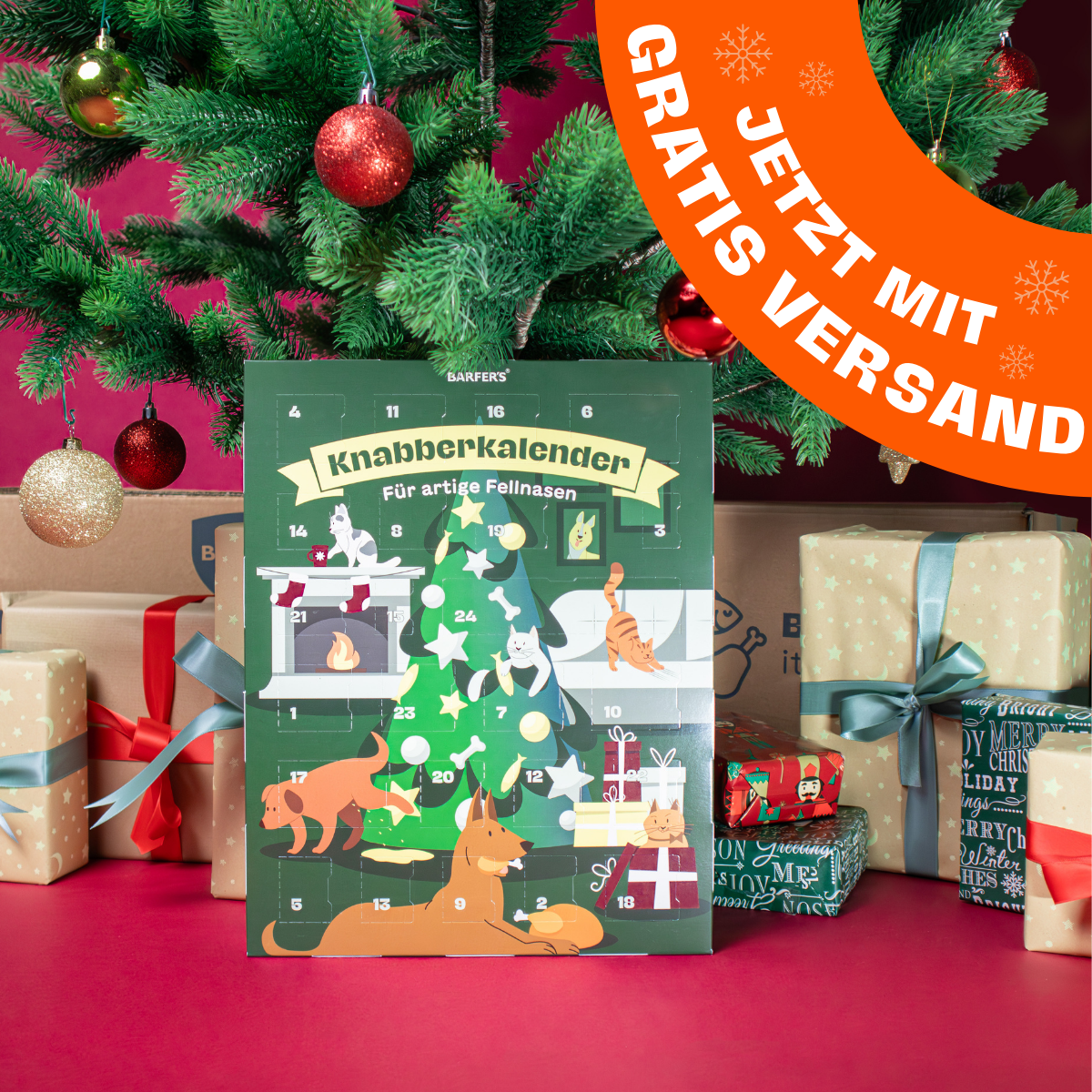 Adventskalender „Knabberkalender für artige Fellnasen“ von BARFER’S vor einem geschmückten Weihnachtsbaum, umgeben von Geschenkpaketen; orangefarbener Banner mit dem Hinweis „Jetzt mit Gratis Versand“
