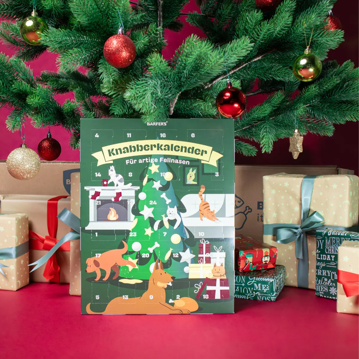 BARFER'S Knabberkalender 2026, Adventskalender mit Snacks für Hunde und Katzen unter dem Weihnachtsbaum
