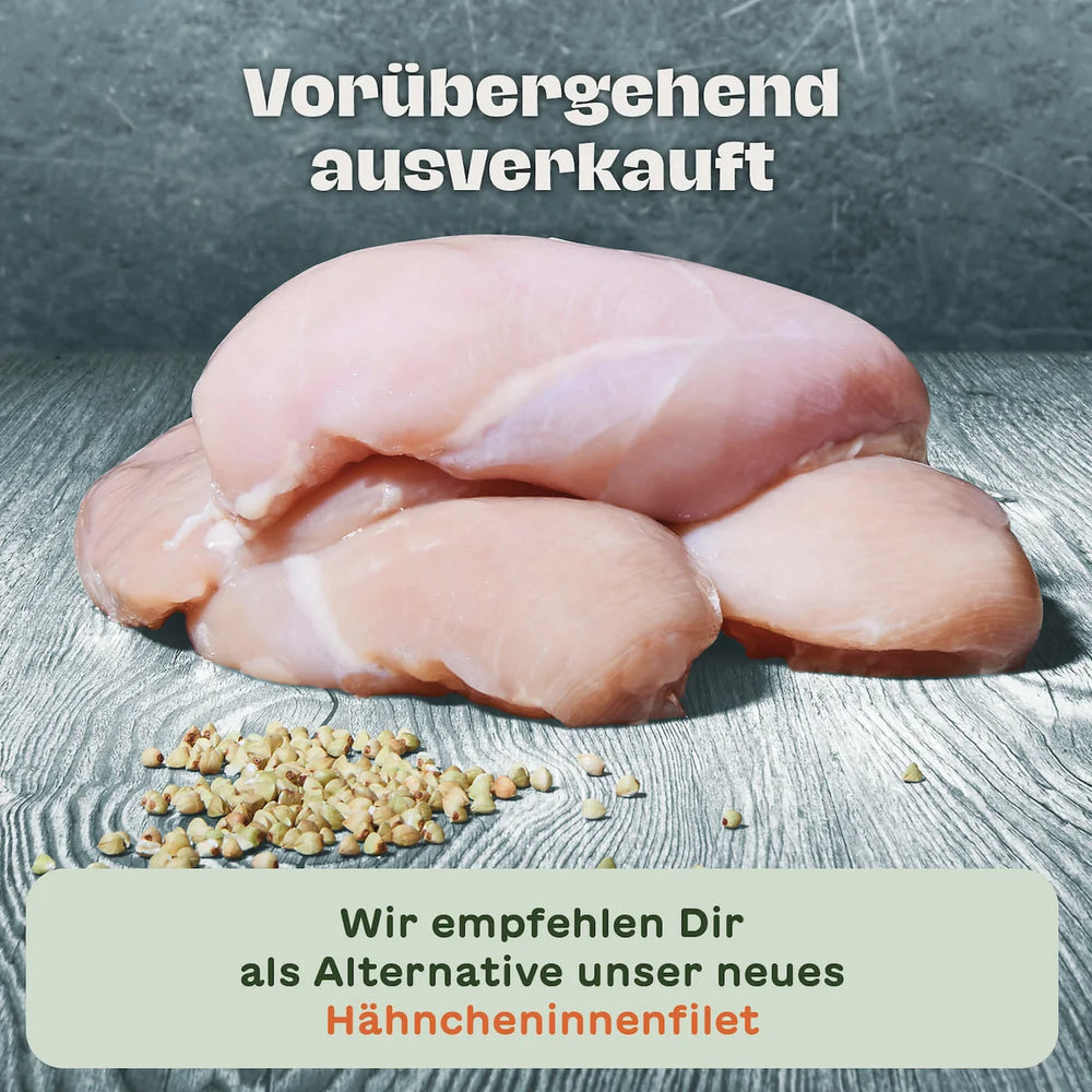 Vorübergehend ausverkauftes BARFER’S Hähnchenbrustfilet – Hinweisgrafik mit Empfehlung für Hähncheninnenfilet als Alternative für Hunde und Katzen
