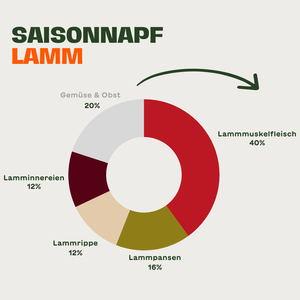 Grafik mit der Zusammensetzung des BARFER’S Saisonnapfs Lamm für Hunde – Lammuskelfleisch 40 %, Lammpansen 16 %, Lamminnereien 12 %, Lammrippe 12 % sowie Gemüse & Obst 20 %, dargestellt als Kreisdiagramm mit grün-orangefarbener Beschriftung