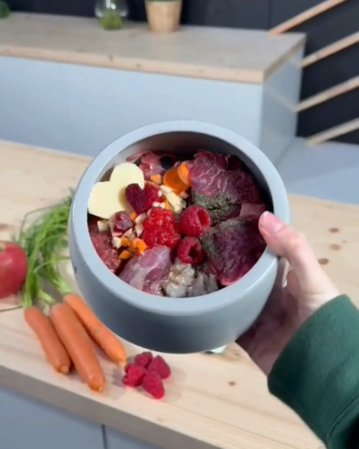 Selbst gemachtes BARF-Hundefutter in einem grauen Napf mit verschiedenen BARF-Zutaten aus Fleisch, Knochen, Innereien, Gemüse und Obst sowie Ölen und Mineralien