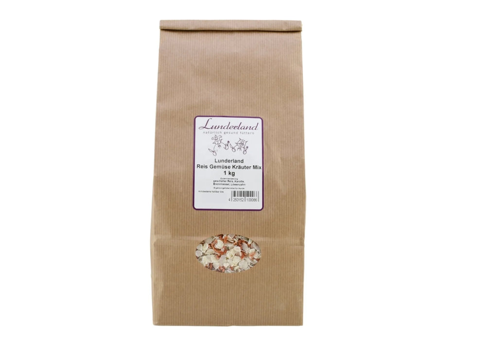 Lunderland Reis Gemüse Kräuter Mix 1 kg in brauner Papierverpackung mit Sichtfenster, gefüllt mit geschältem Reis, Karotte, Brennnessel und Löwenzahn als Ergänzungsfutter für Hunde und Katzen