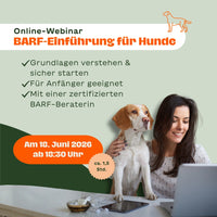 Frau sitzt mit Beagle vor einem Laptop – Text-Overlay: „Online-Webinar BARF-Einführung für Hunde – Grundlagen verstehen & sicher starten, für Anfänger geeignet, mit einer zertifizierten BARF-Beraterin – am 18. Juni 2026 ab 18:30 Uhr, ca. 1,5 Std."