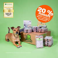 Ein kleiner brauner Hund liegt vor einem großen Versandkarton von BARFER’S'. Auf dem Karton stehen mehrere 400g-Packungen mit Würfeln vom Komplett-Mix, eine Frischhaltedose, ein BARF-Guide und ein Überraschungssnack. Links oben ist das DOGORAMA Testsiegel mit der Bewertung 'SEHR GUT' sichtbar, rechts ein großer oranger Kreis mit dem Hinweis: 20 % Rabatt + BARF-Guide im Wert von 9,90 € geschenkt